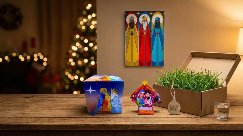 Cuadro en canvas de los Tres Reyes Magos, caja de regalo de los Reyes, nacimiento y ornamento de madera junto a una caja con yerba para los camellos