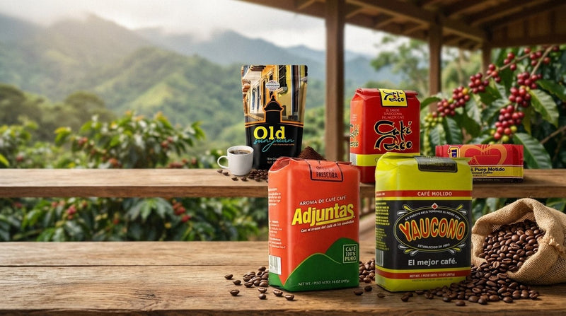 Café Old San Juan, Café Rico, Adjuntas, Yaucono y Café Mami en una terraza de madera frente a una finca cafetalera de montaña en Puerto Rico