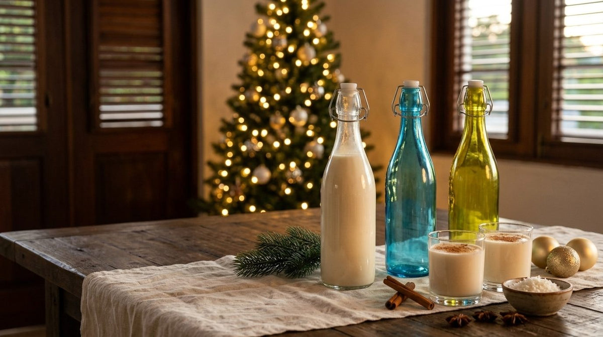Botellas de vidrio para coquito sobre una mesa navideña boricua, con vasos de coquito y canela