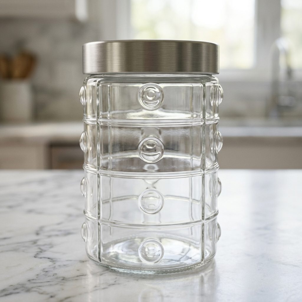 Envase en Cristal con Relieve y Tapa en Plástico con Acabado en Stainless Steel