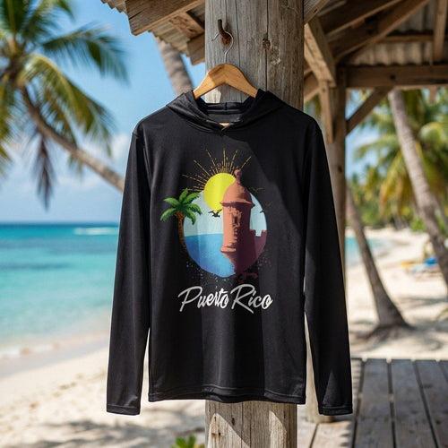 Souvenirs de Puerto Rico Camisa de Manga Larga (Size Adulto) – camisa negra manga larga con capucha y estampado de Puerto Rico
