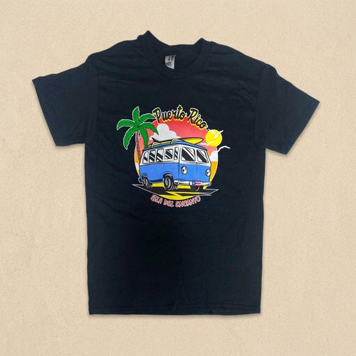Souvenir de Puerto Rico - Camisas Negras con Logo sobre Puerto Rico T-SHIRT – camiseta negra con guagua en la playa