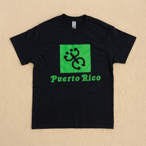 Souvenir de Puerto Rico - Camisas Negras con Logo sobre Puerto Rico T-SHIRT – camiseta negra con coquí taíno verde