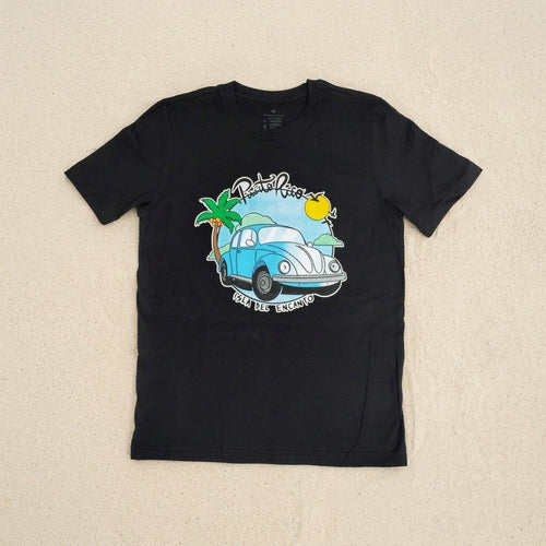 Souvenir de Puerto Rico - Camisas Negras con Logo sobre Puerto Rico T-SHIRT (Size Adulto) – camiseta negra con carro clásico en la playa