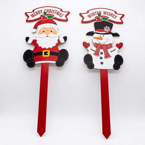 Xmas Wooden Yard Stake | 15.7" | Santa Claus & Snowman