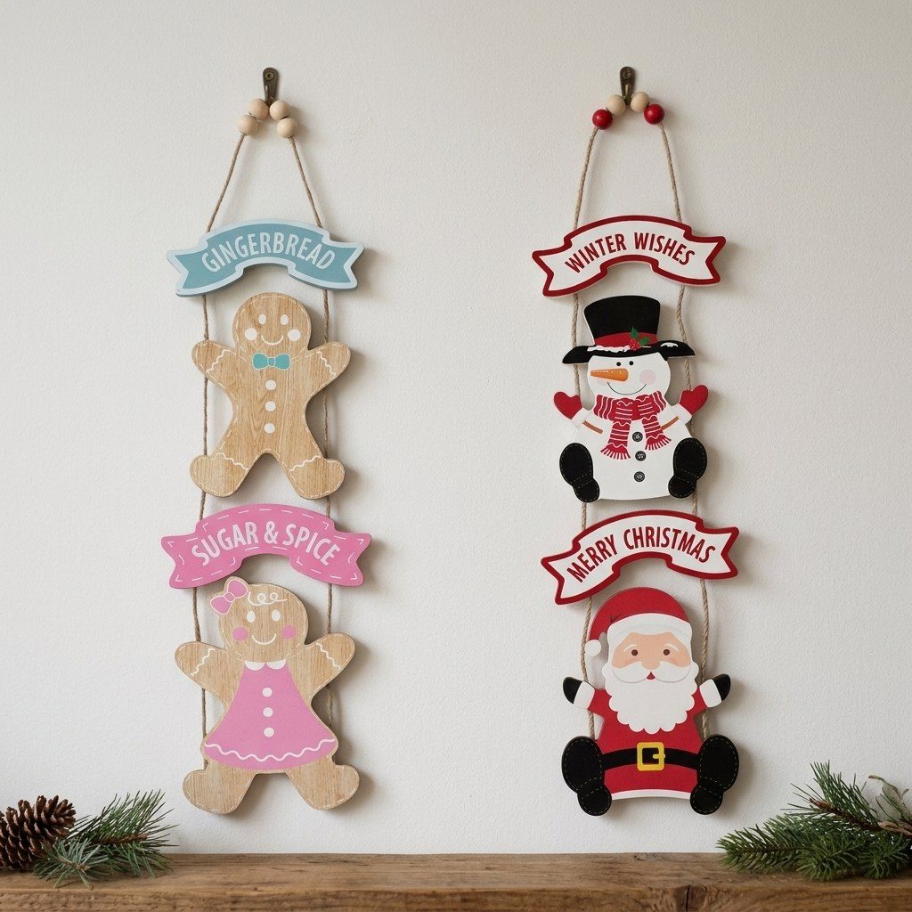 Xmas Wall Wooden Hanging Decor 5.5" x 18.7" | Gingerbread & Santa Claus