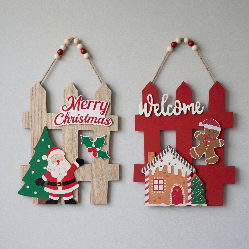 Xmas Wooden Fence Wall Hanging Decor 9.4" x 11.8" | Santa & Gingerbread