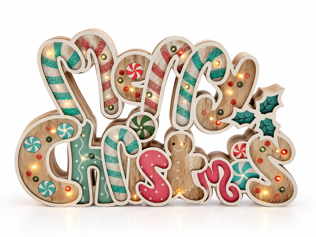Light-Up Candy Cane & Gingerbread Christmas Sign – 9.1"