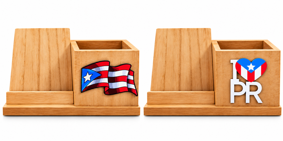 Organizador de Escritorio en Madera “I ❤️ PR” "Bandera"
