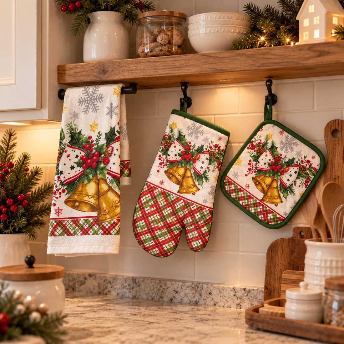 Toalla, Guante y Agarradera | Estilo: Campanas Navideñas