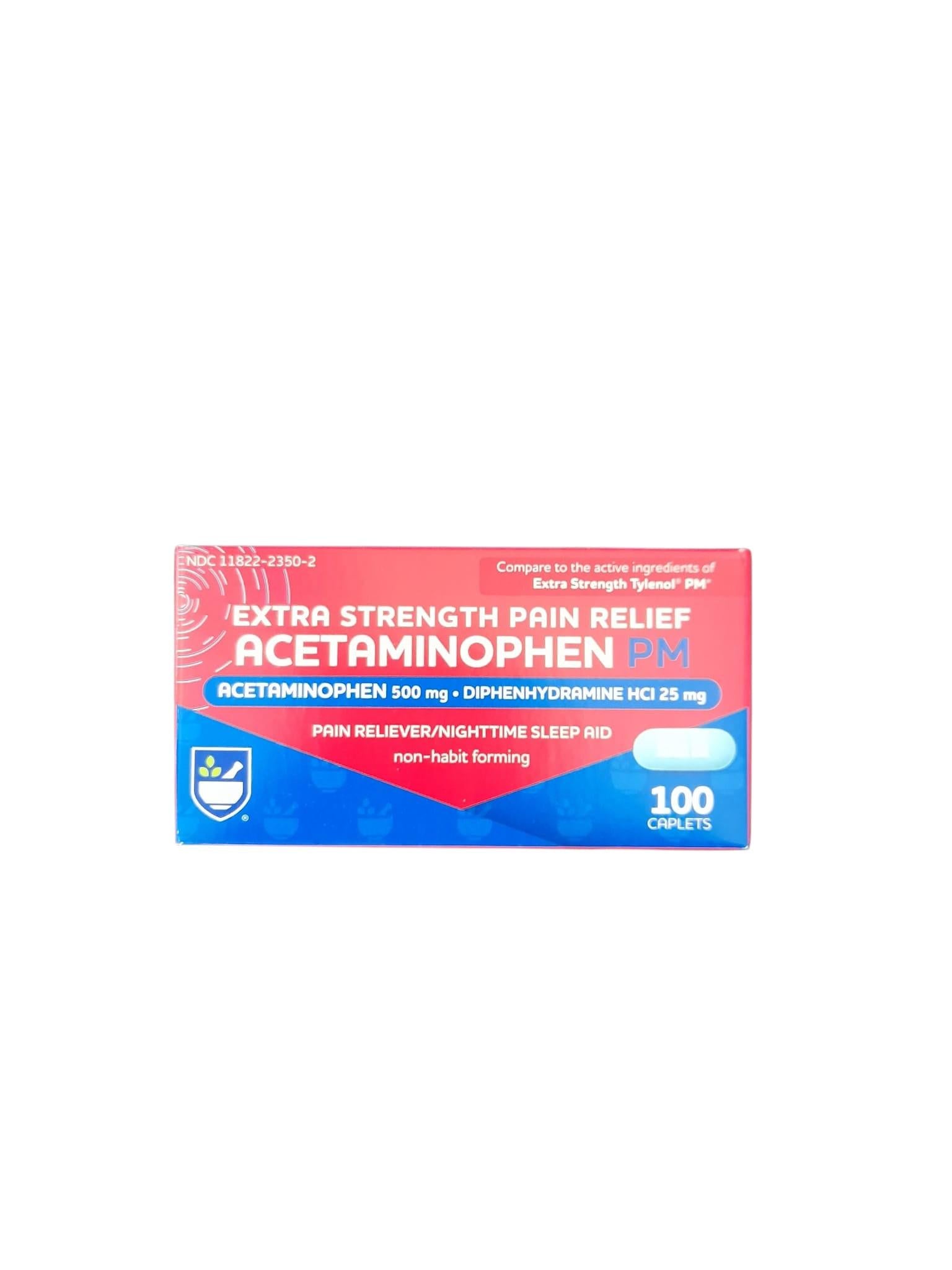 Extra Strength Pain Relief Acetaminophen PM - 100 Caplets, 500mg.