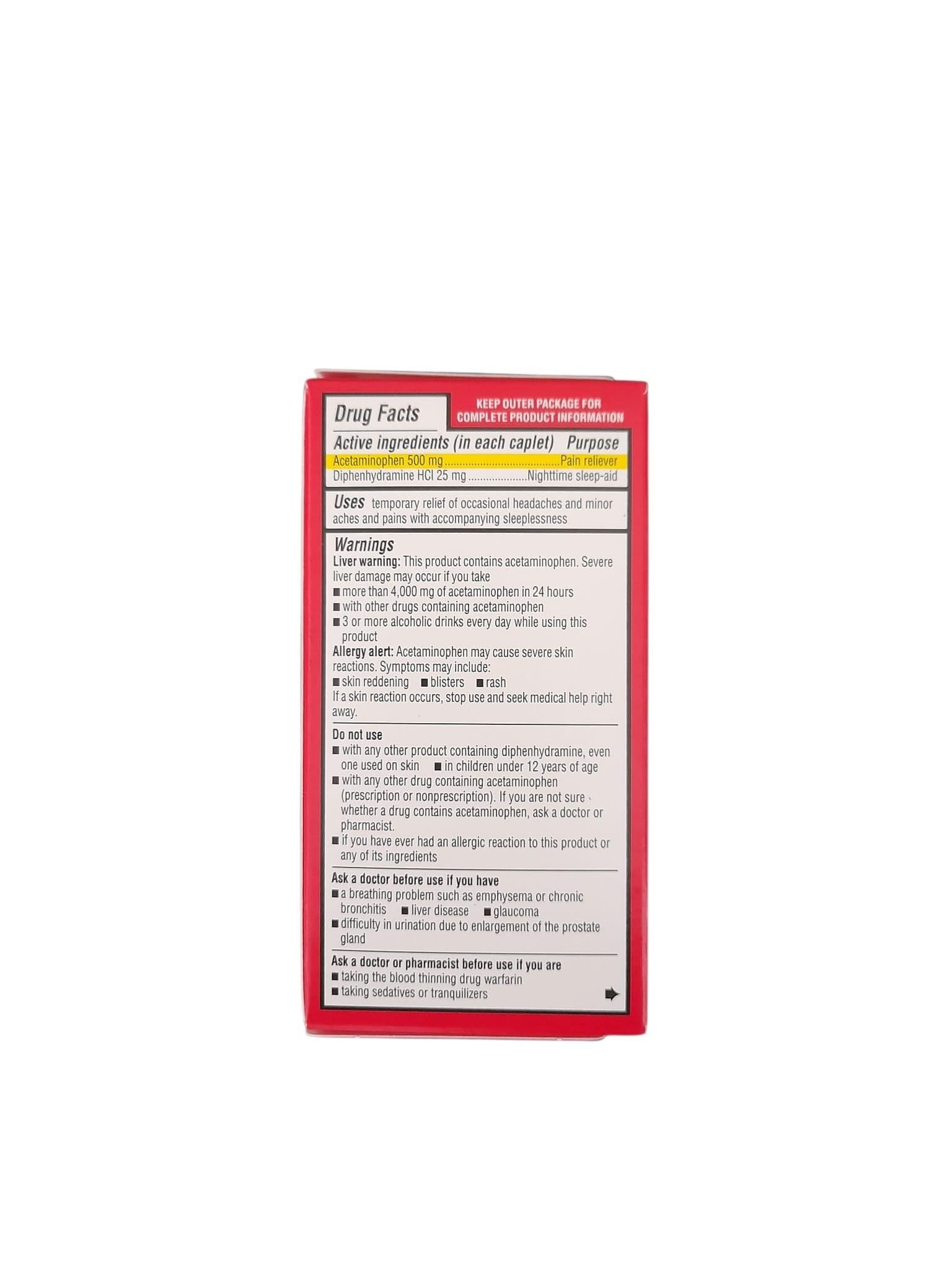 Extra Strength Pain Relief Acetaminophen PM - 100 Caplets, 500mg.