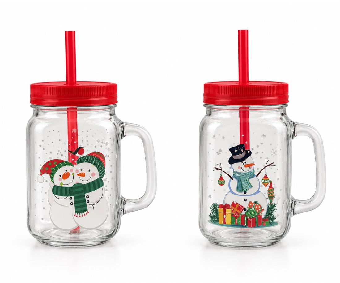 Christmas Snowman Mason Jar with Red Lid & Straw | 2 Designs