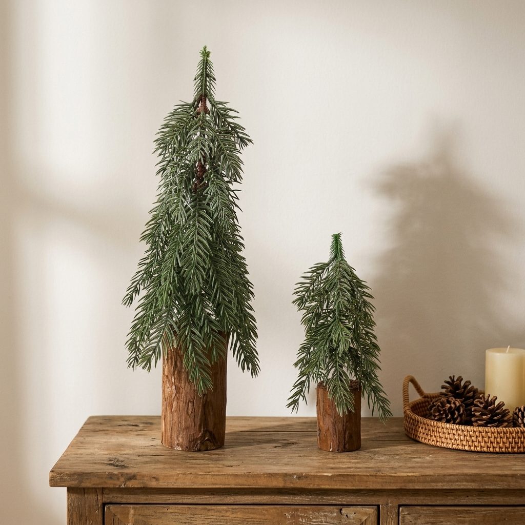 Árboles de Navidad rústicos en tronco de 17.3" y 9.4" sobre un aparador