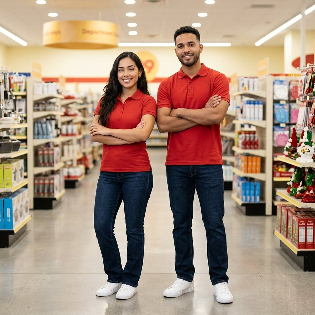 Dos empleados de All Ways 99 con polo rojo en un pasillo de la tienda en Puerto Rico