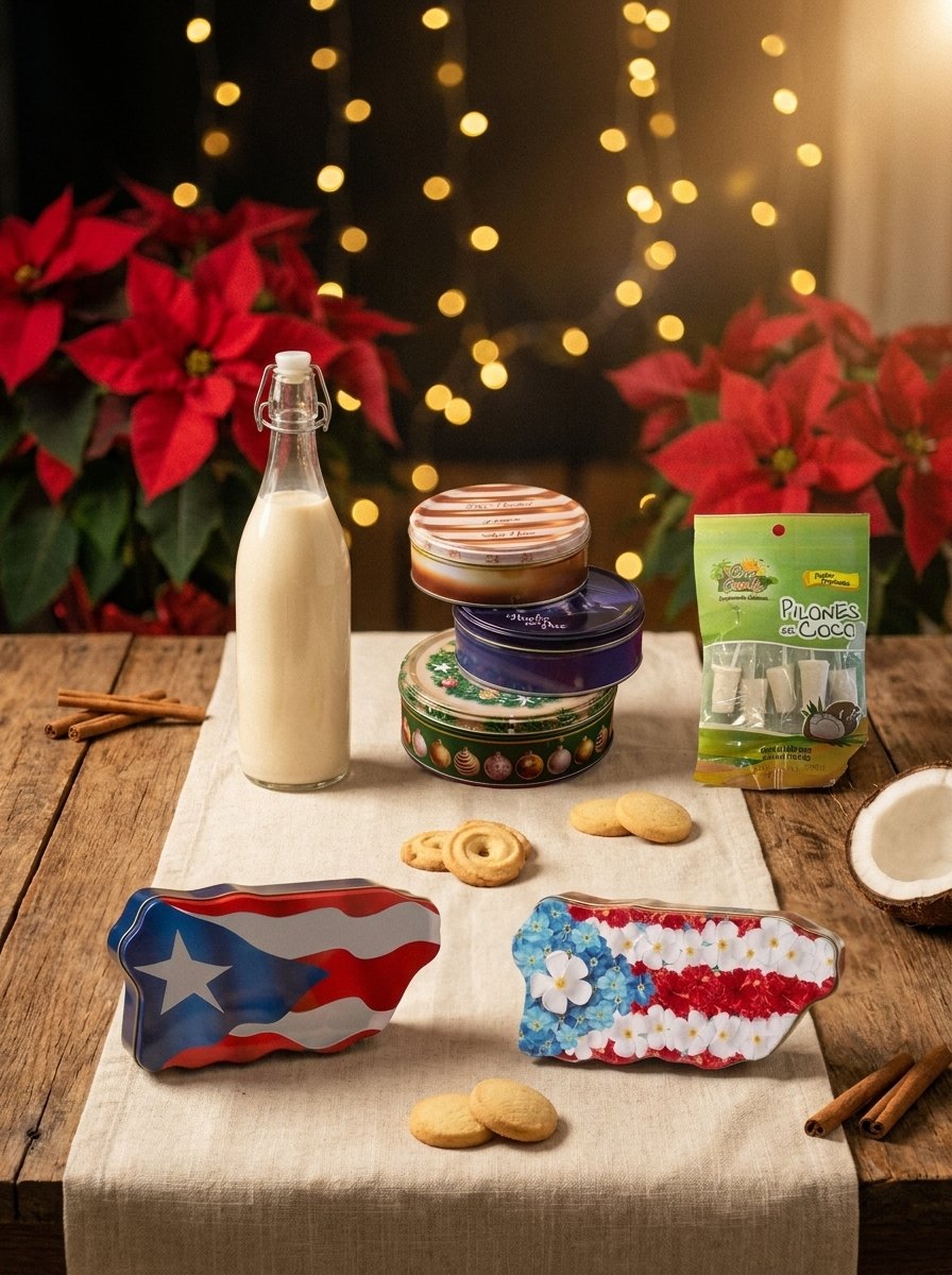 Dulces de Navidad de Puerto Rico: botella para coquito, latas de galletas y pilones entre flores de Pascua