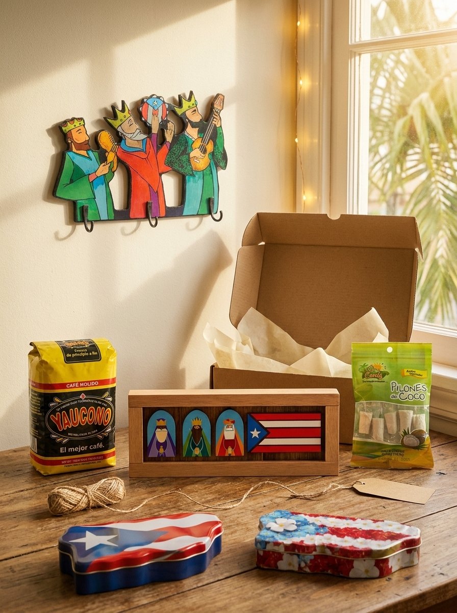 Pedido de regalos boricuas listo para enviar a Estados Unidos con café, dulces y cuadro de Reyes