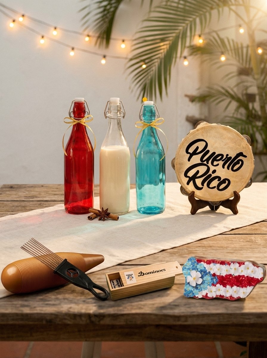 Botellas para coquito, pandereta Puerto Rico, güiro, dominó y lata de galletas para la parranda