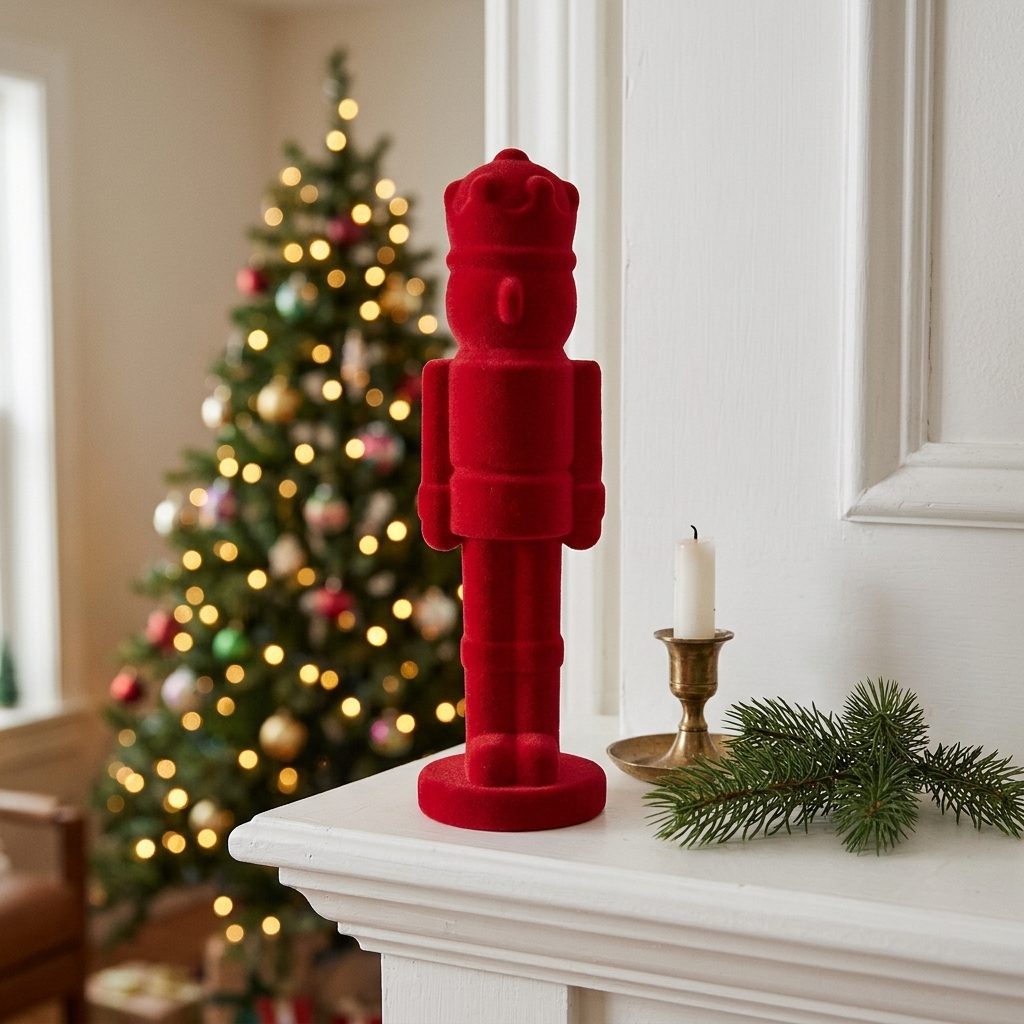 Cascanueces navideño rojo aterciopelado de 12" en la repisa de la chimenea