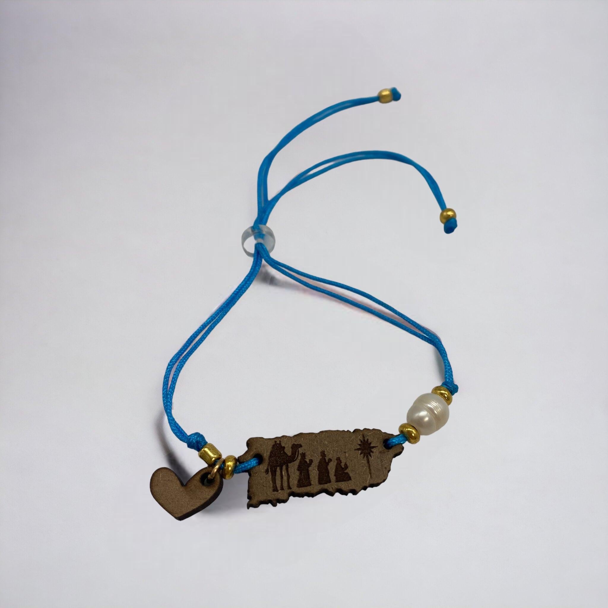 Artesanía en Madera - Pulsera Mapa de Puerto Rico con Reyes Magos *One Size*