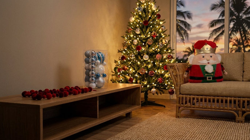 Sala decorada para Navidad con árbol iluminado, esferas navideñas azules y plateadas, garland rojo de terciopelo y cojín de cascanueces frente a un ventanal con palmas