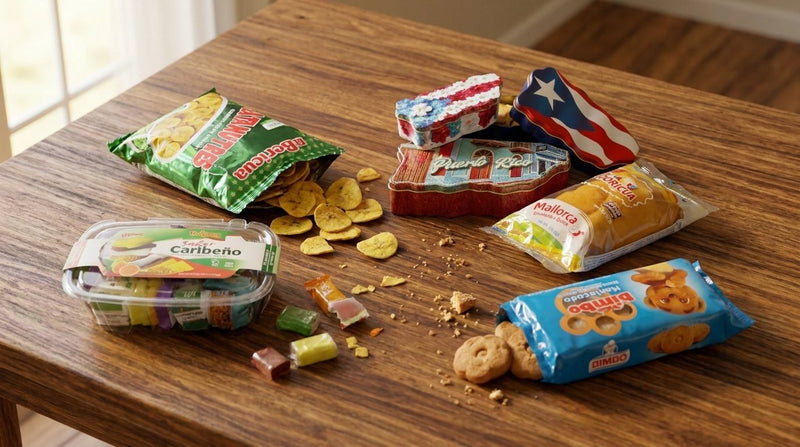 Snacks boricuas sobre una mesa de madera: platanutres, mallorca con guayaba y queso, galletas en lata de Puerto Rico, galletas Bimbo y variety pack Dulzura