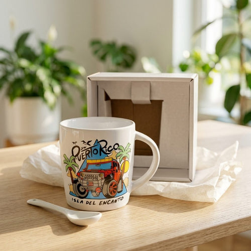 Souvenir de Puerto Rico - Tazas con Cuchara en Empaque Blanco