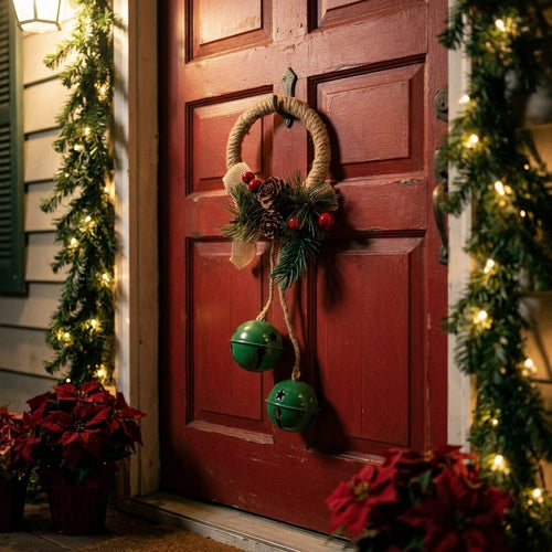 Adorno Navideño Colgante | Cascabeles & Piñas | 11.8" – Decoración navideña de puerta o pared