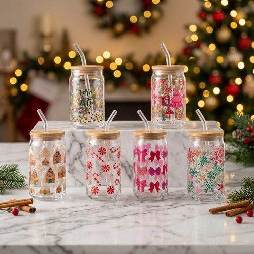 Christmas Glass Cup with Bamboo Lid & Straw | 16 oz | 6 Designs