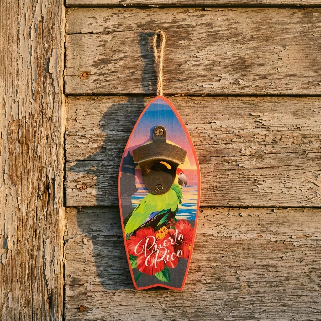 Souvenir de Puerto Rico - Abridor de Botellas de Madera en forma de Tabla de Surf (9.5" x 4")
