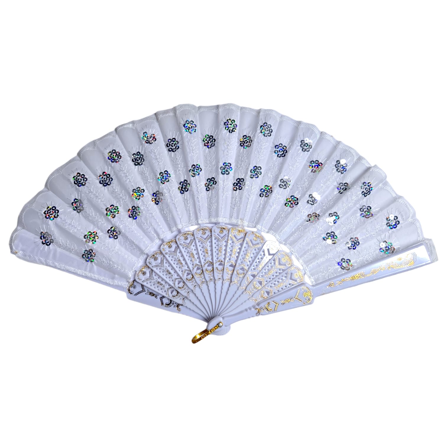 Abanico de Mano con Flores en Lentejuelas – Brillo Elegante | Accesorio de Moda.