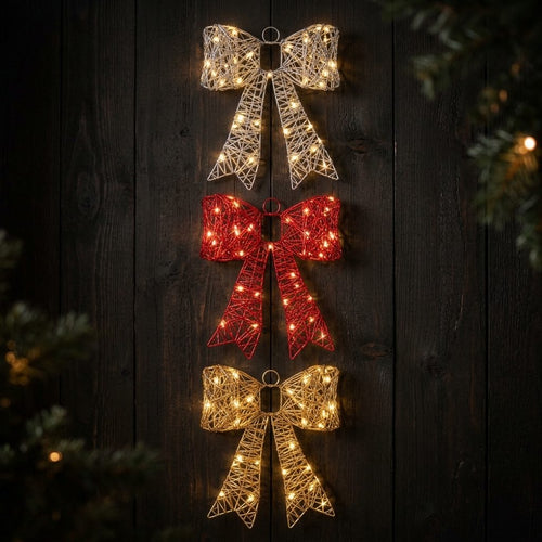 Christmas Bow w/ Warm Lights | Rojo, Dorado & Plata | 9.8"