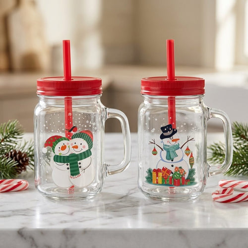 Christmas Snowman Mason Jar with Red Lid & Straw | 2 Designs