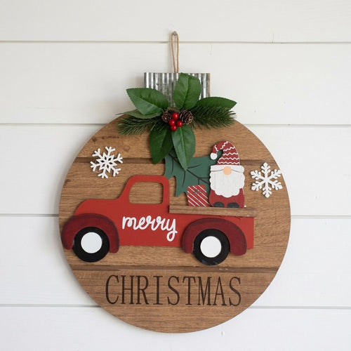 Placa Navideña de Madera | Esfera con Gnomo y Camioneta – 14"