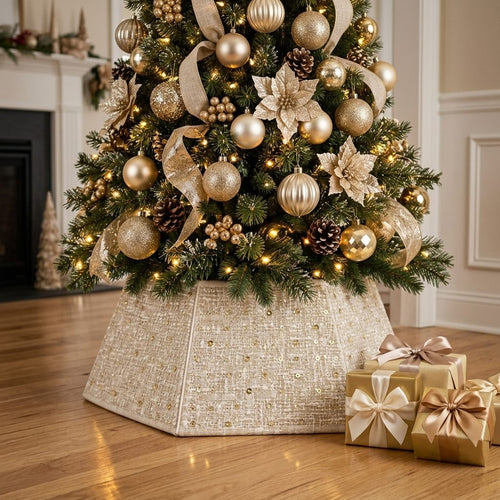 3D Satin Tree Collar 20" | Blanco & Crema con Lentejuelas – Cubrir la base del árbol con un acabado elegante