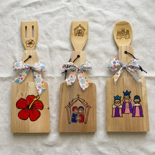 Artesanía en Madera - Set Tostonera y Cuchara D (Puerto Rico/Navidad)