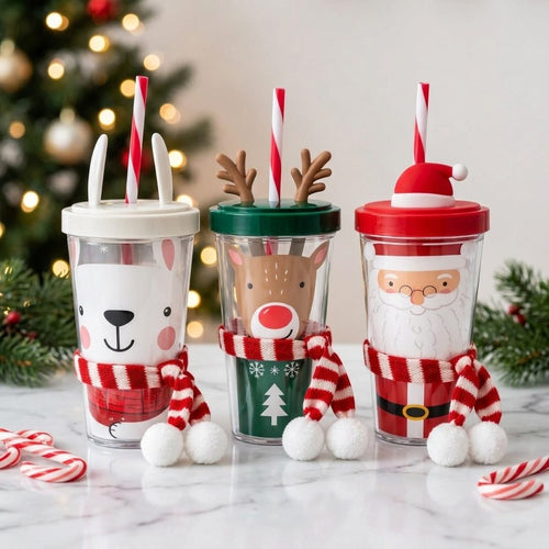 Vaso Acrílico Navideño con Sorbeto y Bufanda Decorativa | 3 Diseños