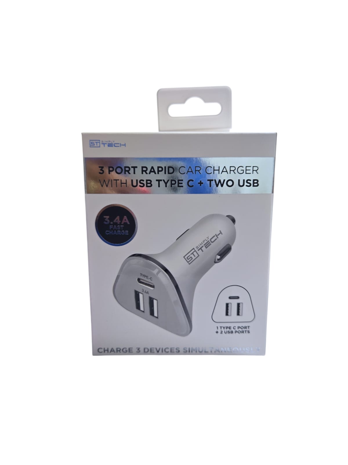 3 Port Rapid Car Charger with USB Type C + two USB