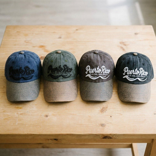 Souvenir de Puerto Rico- Diseño Boricua | Estilo y Comodidad – gorras Puerto Rico Isla del Encanto bordadas en azul, verde, marrón y negro