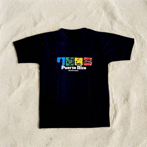 Souvenir de Puerto Rico- Tshirt de Puerto Rico con mangas – camiseta negra con símbolos boricuas de colores
