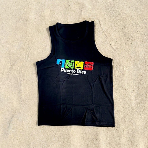 Souvenir de Puerto Rico- T-shirts de Puerto Rico – camisilla negra con símbolos boricuas de colores