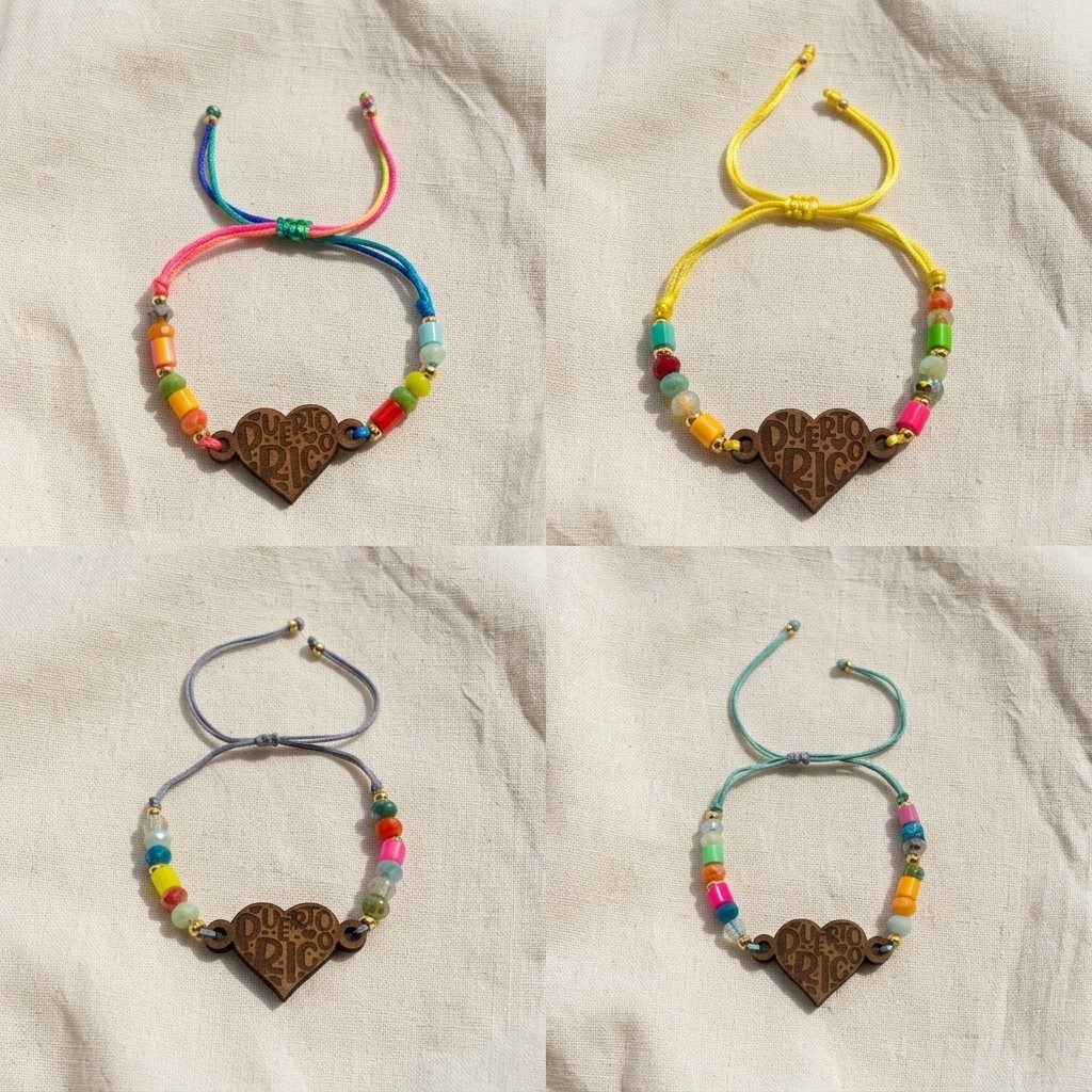 Artesanía en Madera - Pulsera con Piedras y Corazón ''Puerto Rico''
