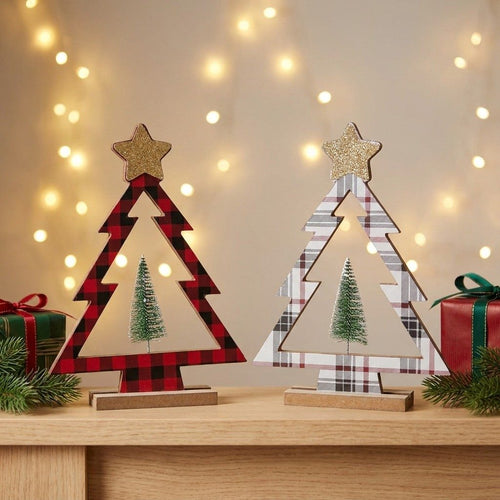 Plaquitas Navideñas de Árbol de Madera con Mini Árbol 3D – 2 Estilos – 10.8"