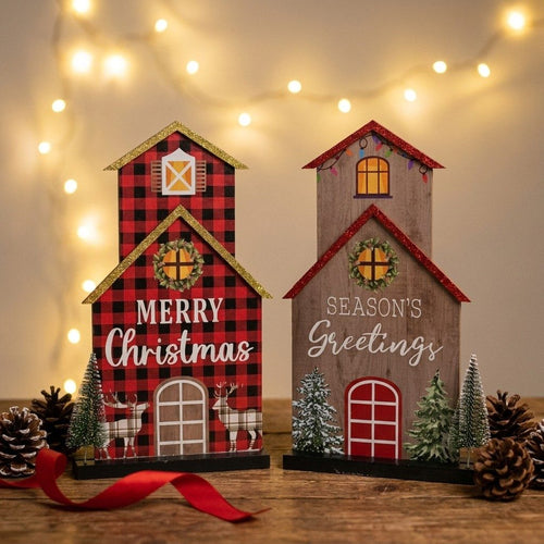 Casitas Navideñas de Madera con Árboles 3D | 2 Estilos | 12.2"