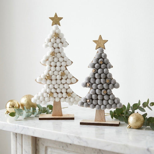 XMAS | Árbol de Madera con Bolitas de Algodón & Estrellas | Blanco & Gris