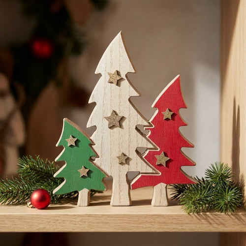 Christmas Wooden Tree Plaque Decor w/ Stars | 8.2"