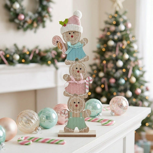 Pastel Stacked Gingerbread Christmas Wooden Decor – 17.7"