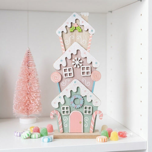 Pastel Gingerbread Stacked Christmas Houses Decor | 10"