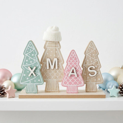 Pastel "Xmas" Wooden Tree Plaque Decor w/ Hat – 9.1"