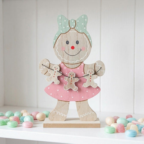 Pastel Gingerbread Girl Wooden Decor – 9.3"